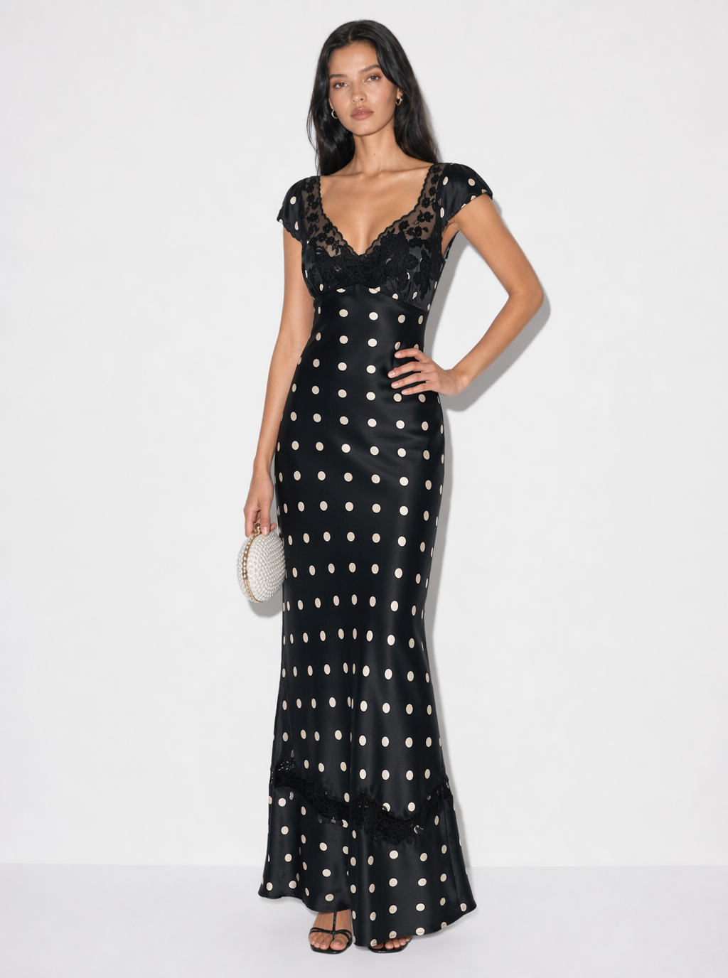 Zephrina polka dot lace-trim maxi dress with cap sleeves