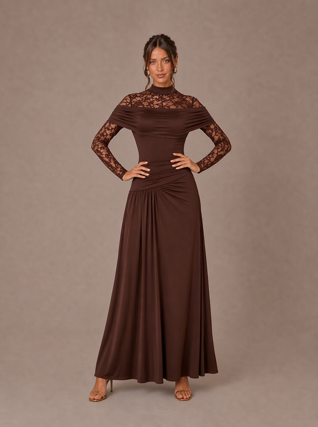 Zephrina Sophronia lace-yoke draped maxi dress in brown