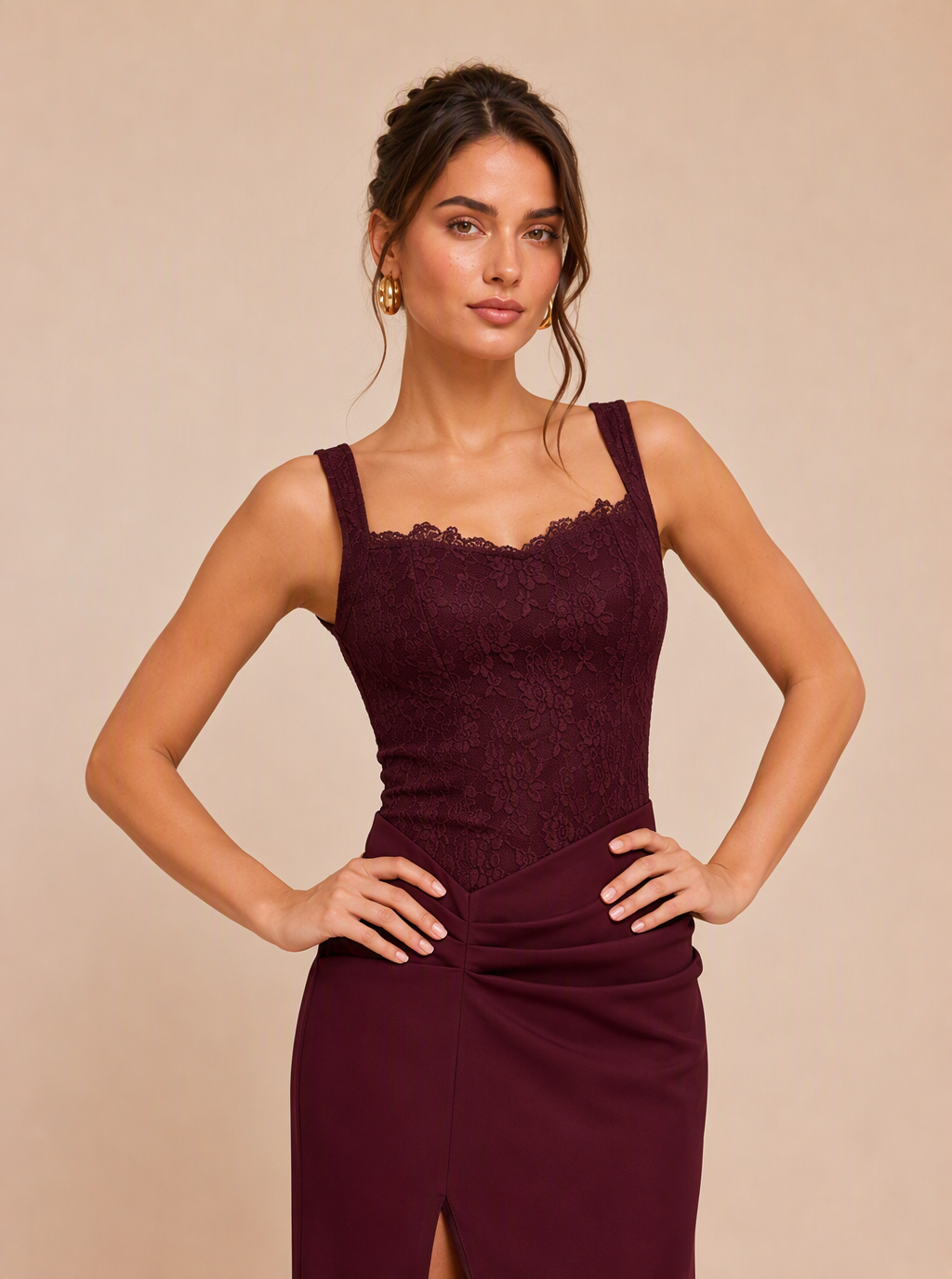 Zephrina Katriel lace trim slit maxi dress