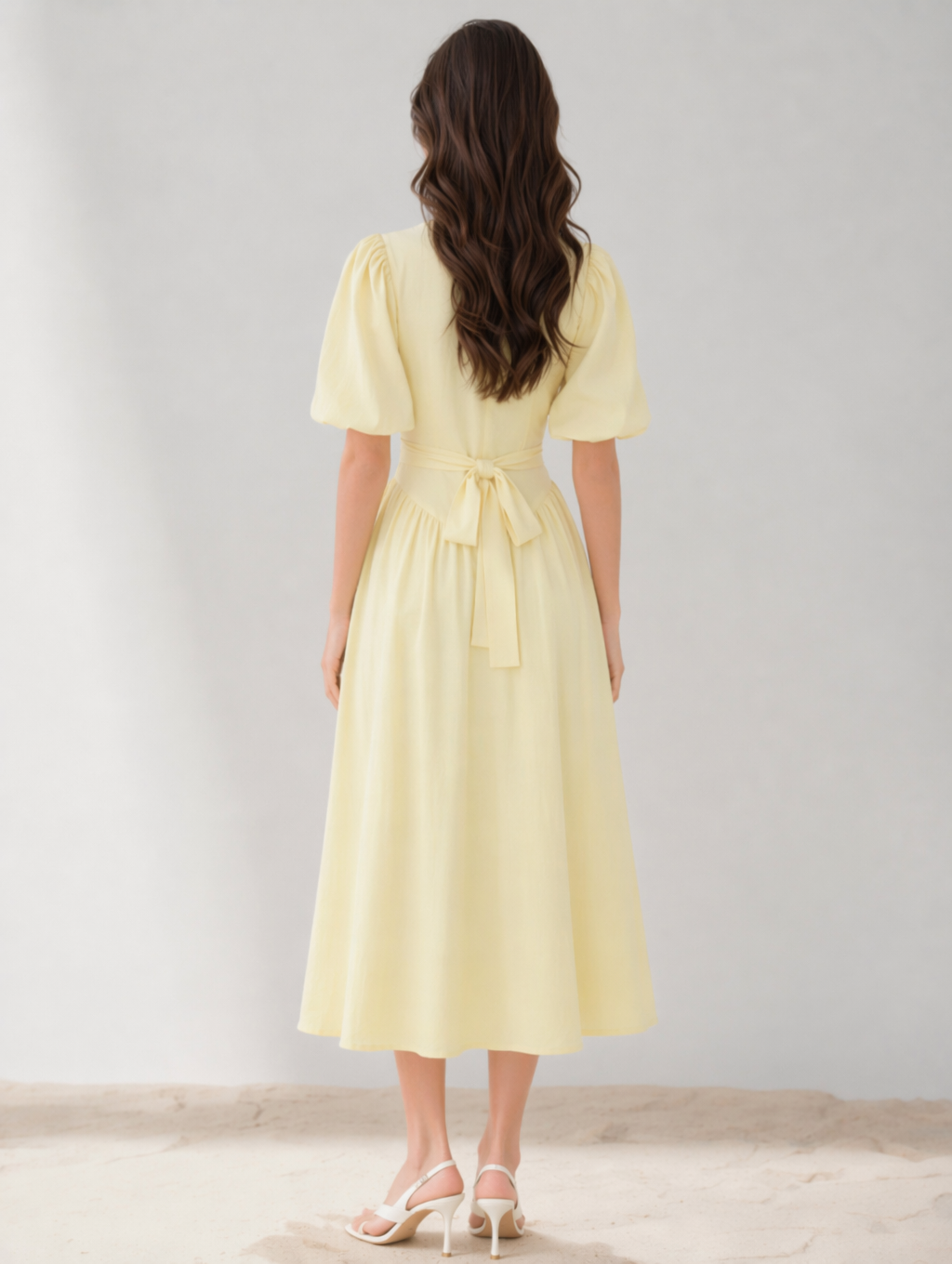 Puff Sleeve Linen Blend Midi Dress