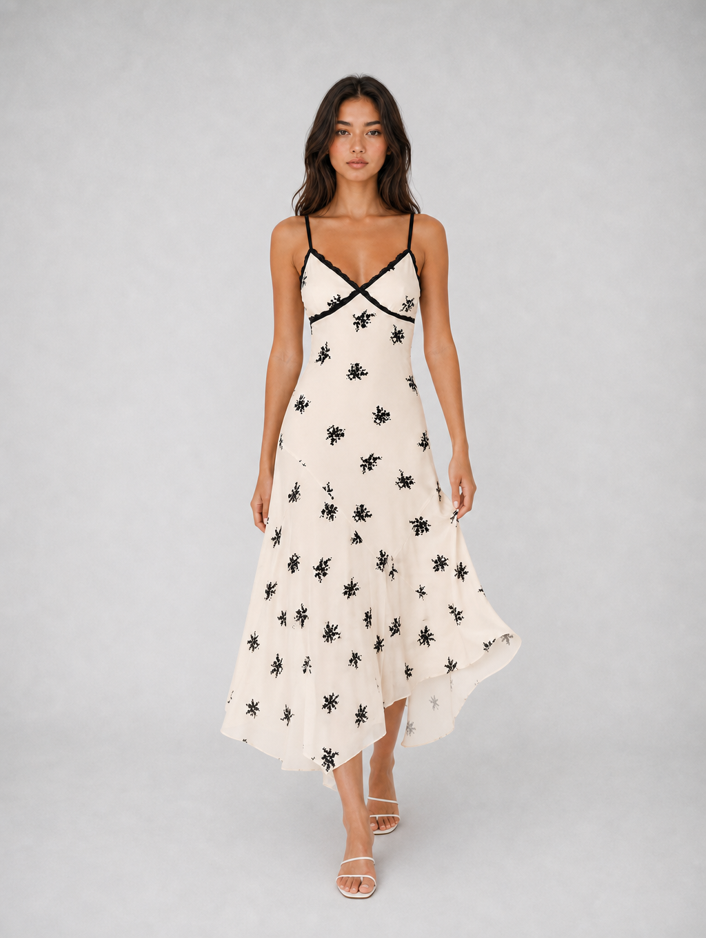 Cream Base Black Floral Print Slip Midi Dress