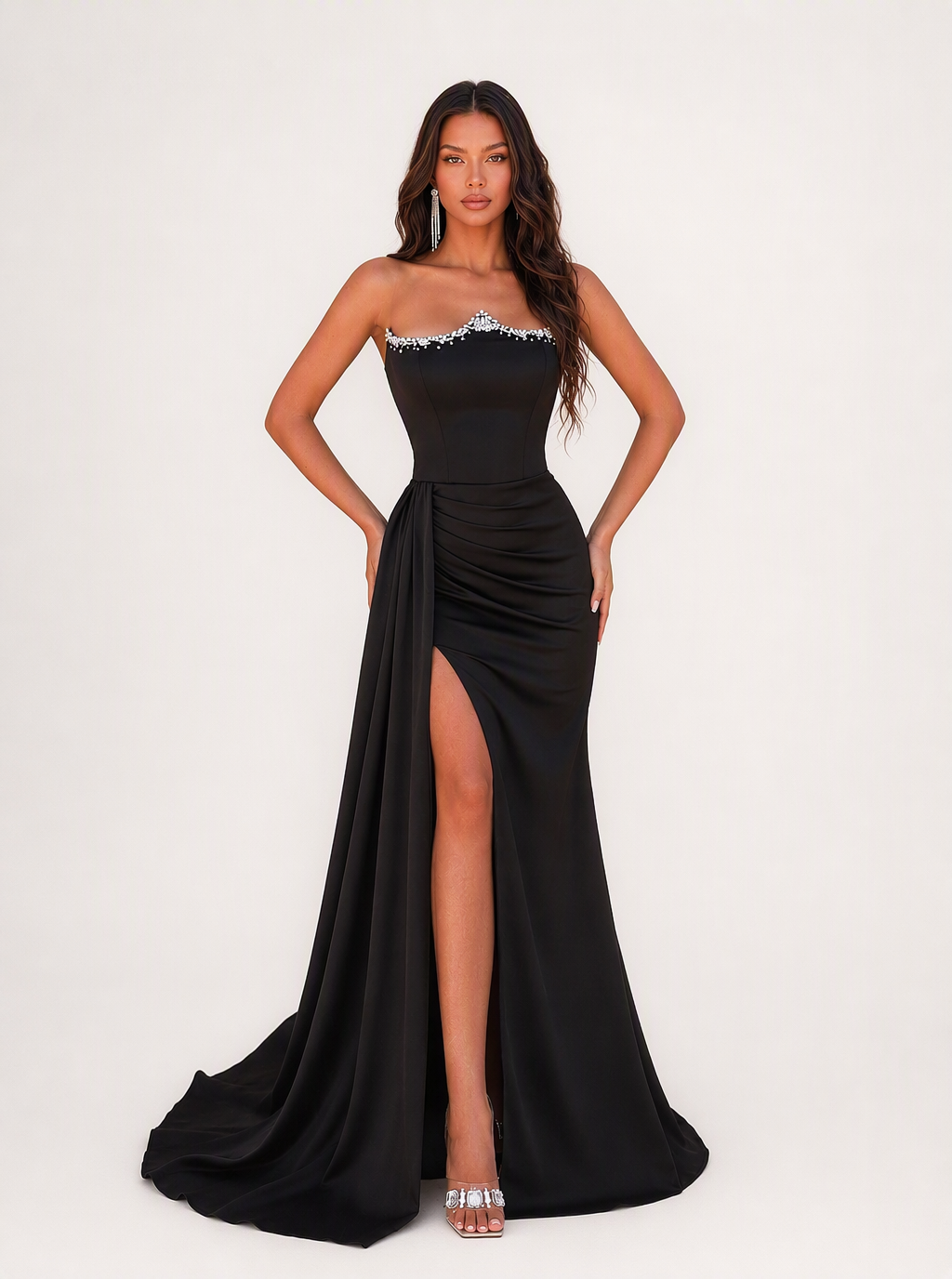 Zephrina Berenice sparkle-trim strapless slit maxi dress in black