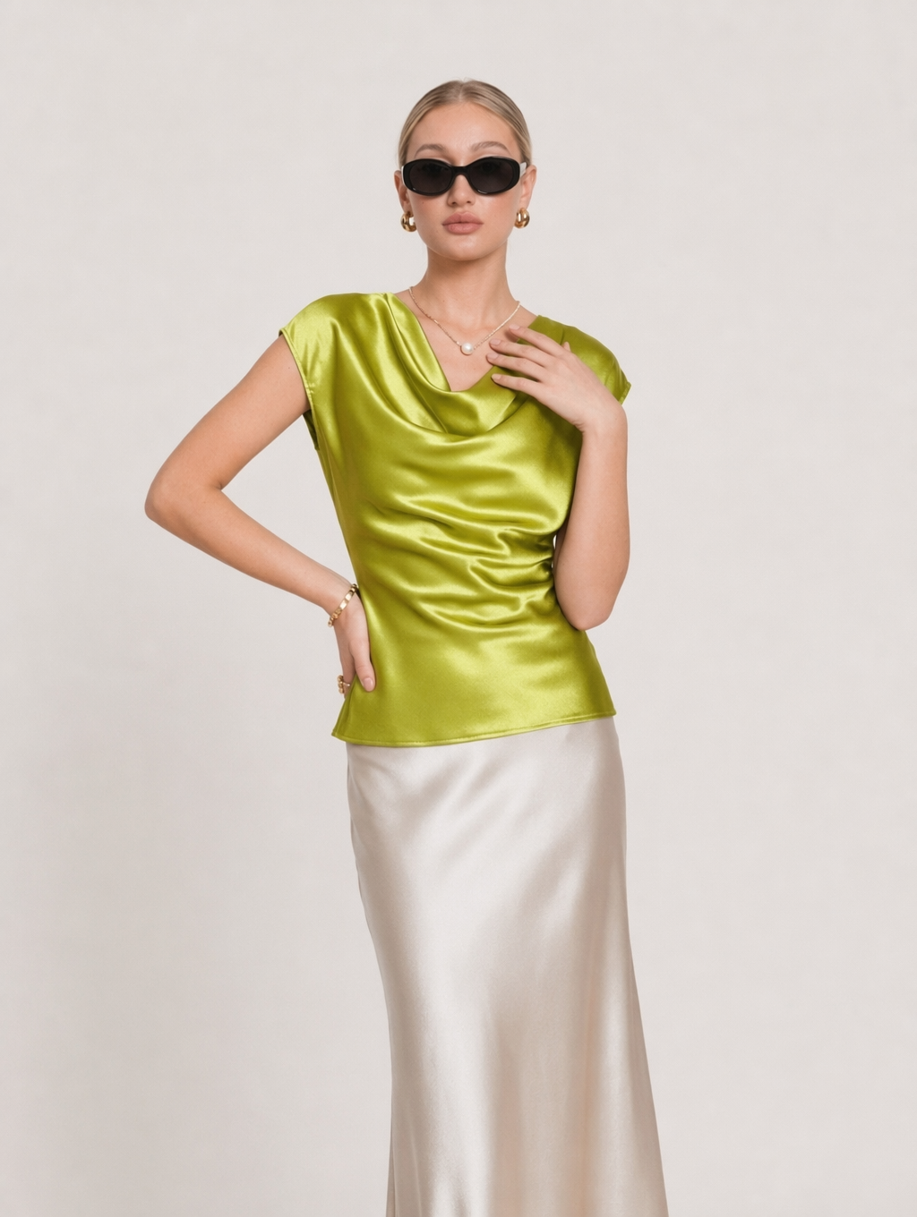 Elegant Acetate Satin Cowl Neck Top + Maxi Skirt Set