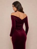 Zephrina Euphemia off-shoulder velvet slit midi dress in burgundy