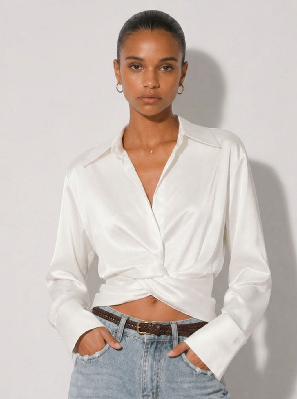 Zephrina Tamsin wrap satin blouse in white