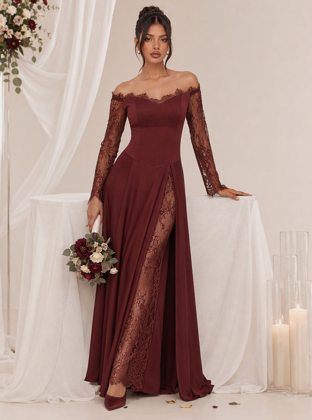 Zephrina Hestelle lace slit maxi dress in burgundy