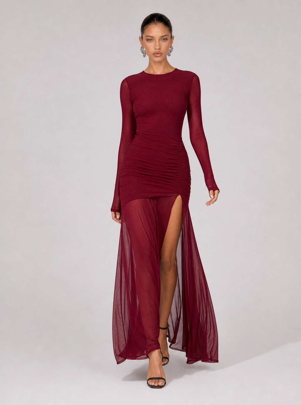 Gwendolyn Ruched Mesh Slit Maxi Dress