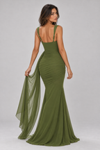 Zephrina Maureen ruched mesh-drape maxi dress in green