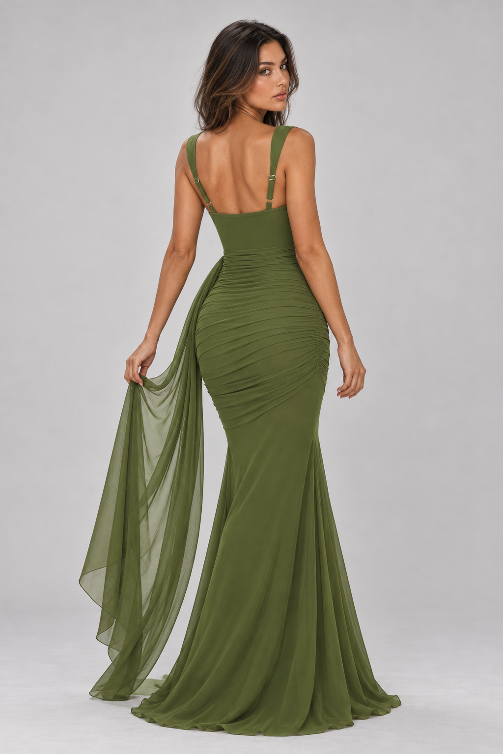 Zephrina Maureen ruched mesh-drape maxi dress in green