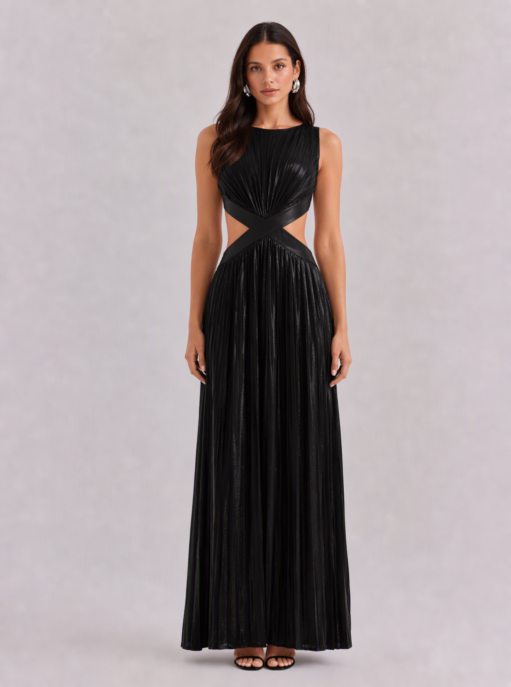 Zephrina Adelheid cutout metallic pleated maxi dress in black