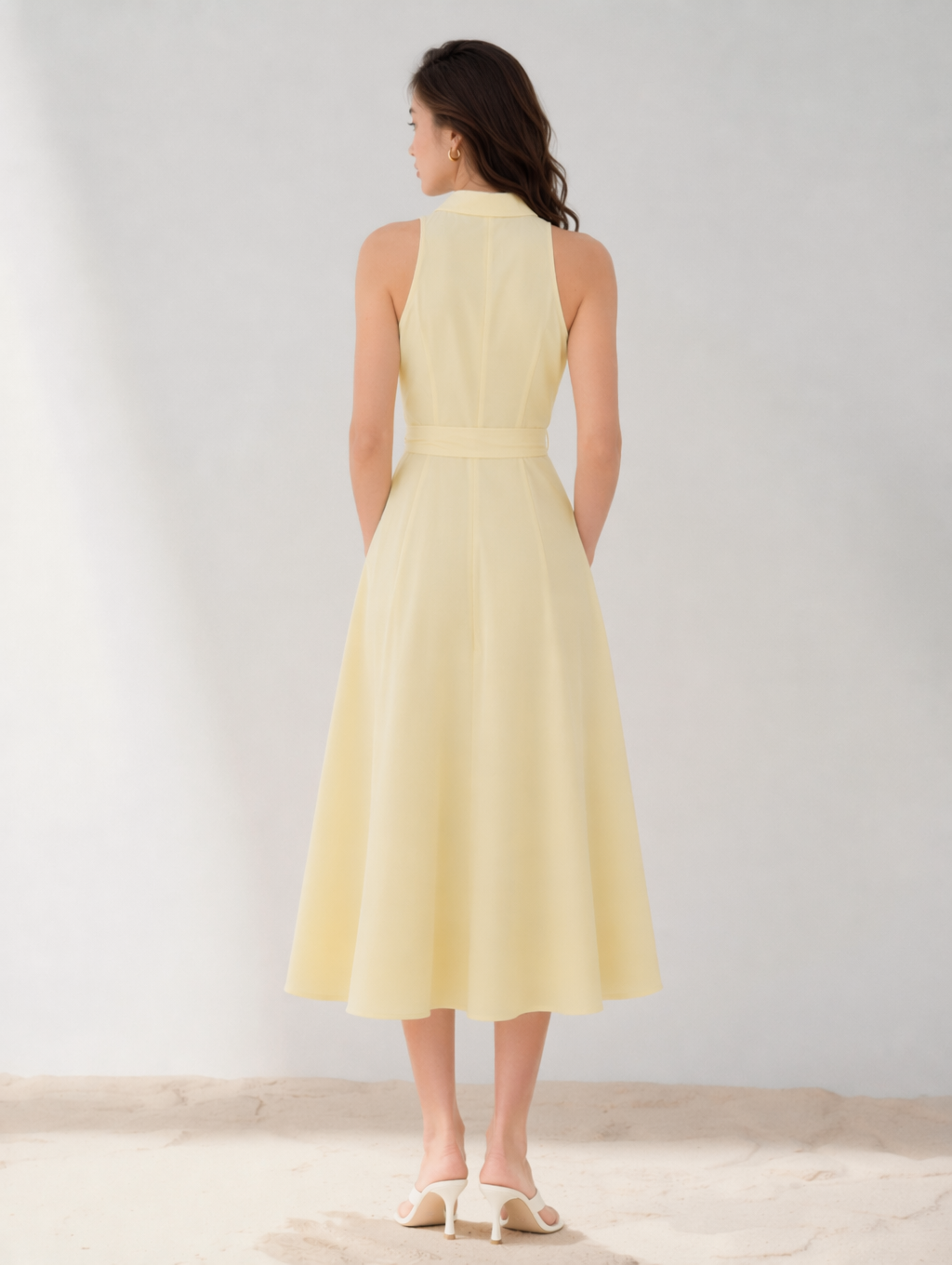 Yellow Collared Halter Tie Waist A Line Midi Shirt Dress