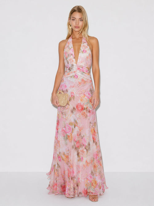 Zephrina Serena floral halter maxi dress in pink