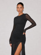 Zephrina Gwendolyn ruched mesh slit maxi dress in black