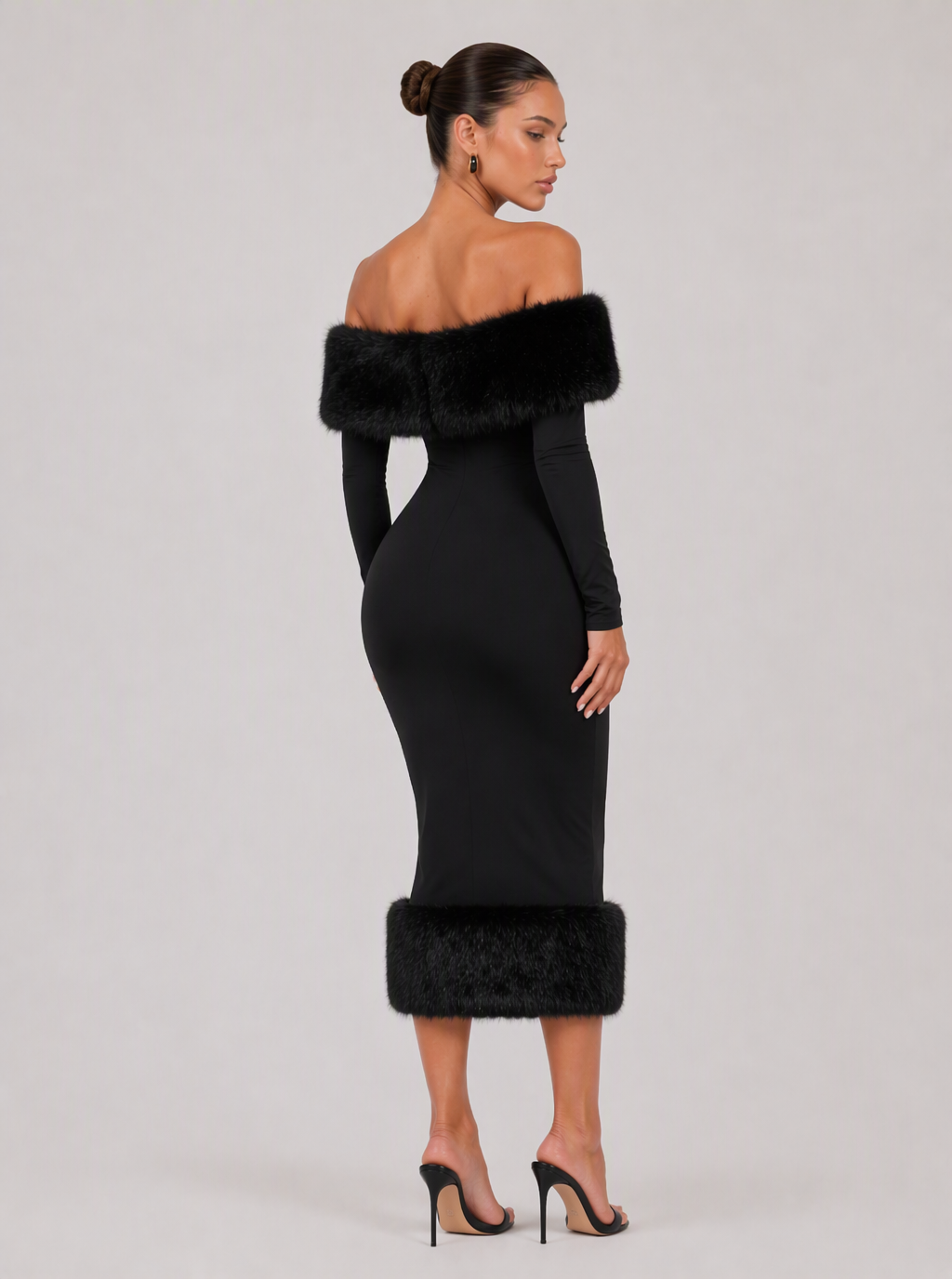 Zephrina Isabeau faux-fur trim midi dress in black