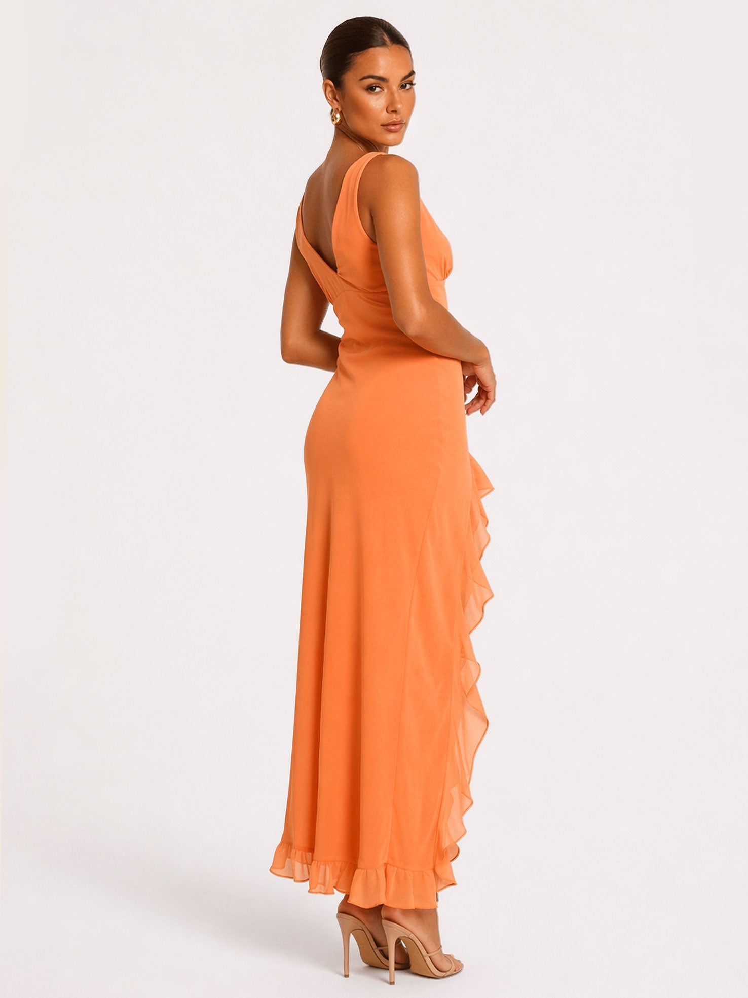 Zephrina Ruffle Slit Midi Dress Deep V Backless Evening Long Gown
