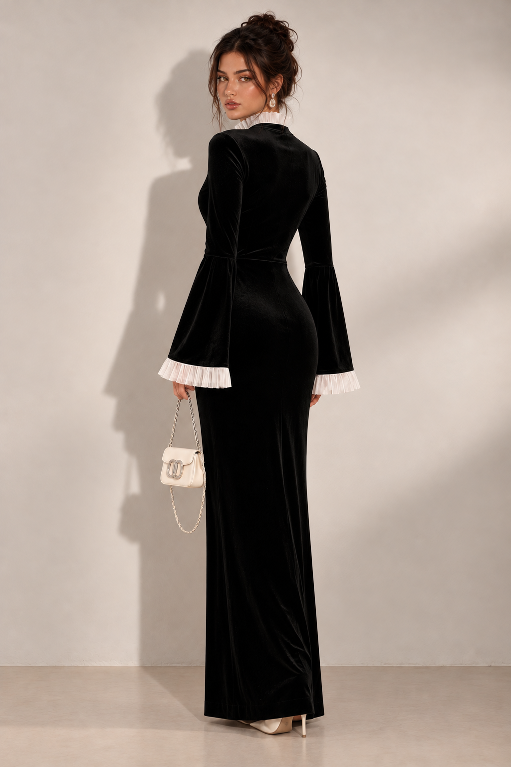 Zephrina Marcellina contrast-cuff velvet maxi dress in black