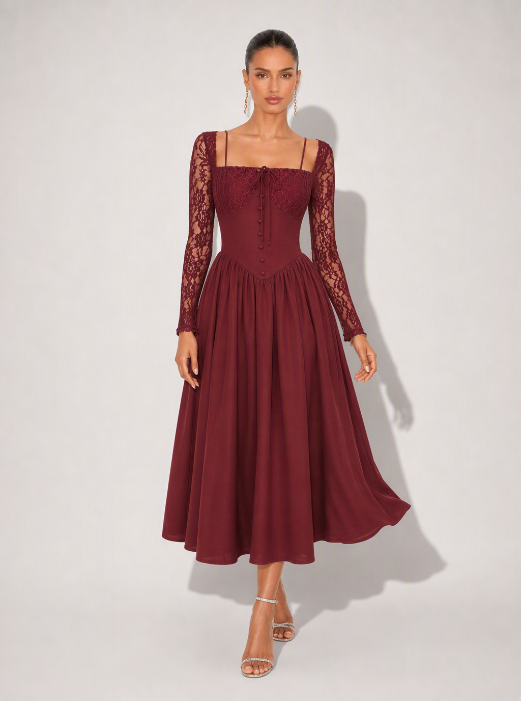 Zephrina Rowena lace sleeve midi dress in burgundy