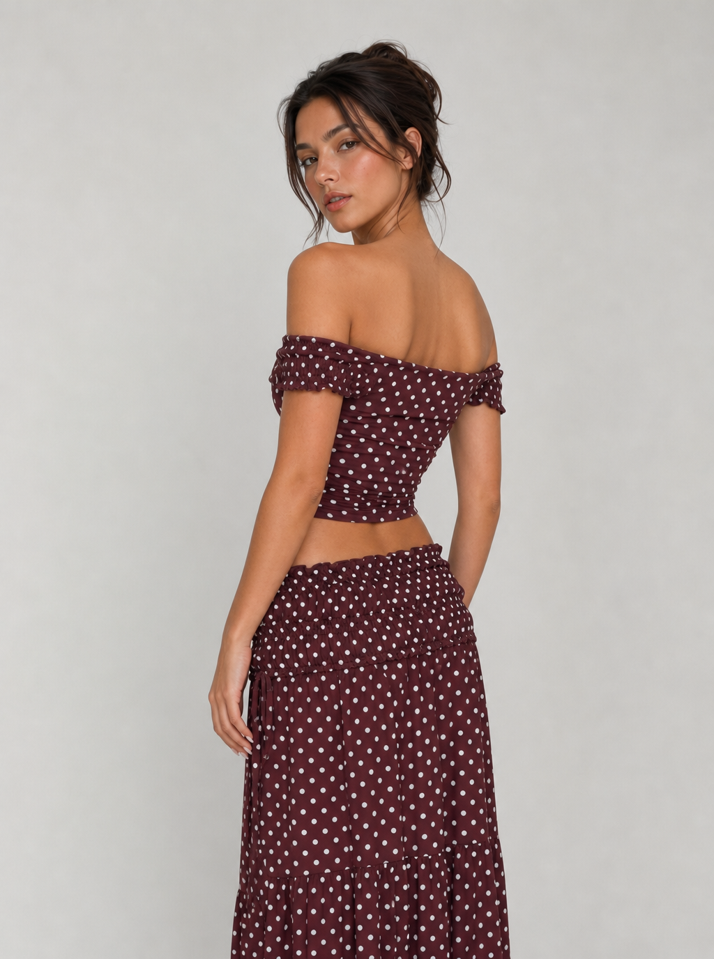 Zephrina Vintage Polka Dot Off-Shoulder Two-Piece Maxi Set
