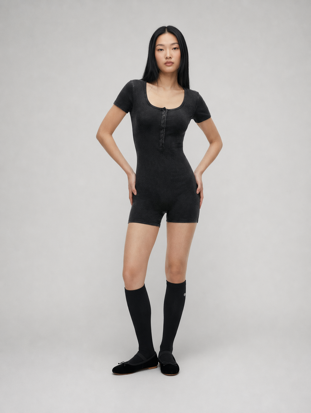 Ballet-Inspired Fitted Short Sleeve Unitard with Wrap Tie Waist