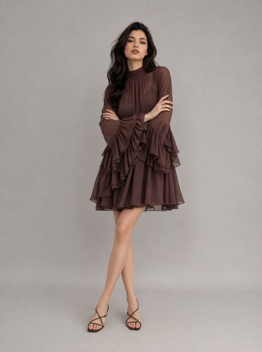 Zephrina Cressida ruffle chiffon mini dress in brown