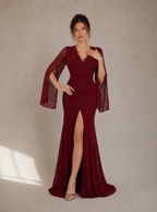 Zephrina Serafine cape-sleeve lace slit maxi dress in burgundy