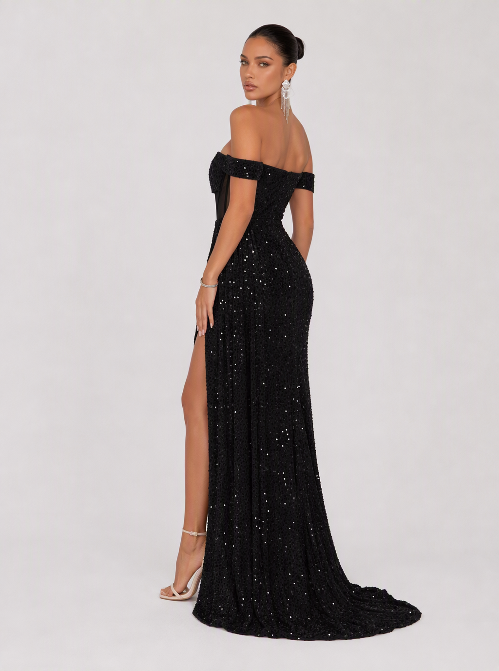 Zephrina Fiorella off-shoulder sequin maxi dress in black