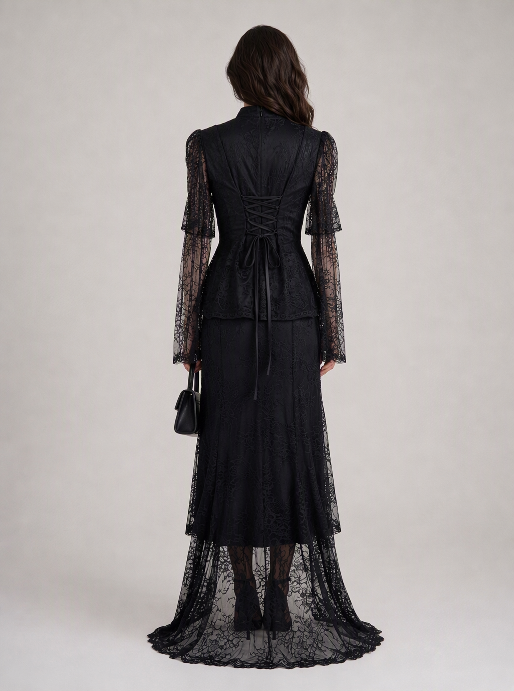 Zephrina Helena lace-peplum maxi dress in black