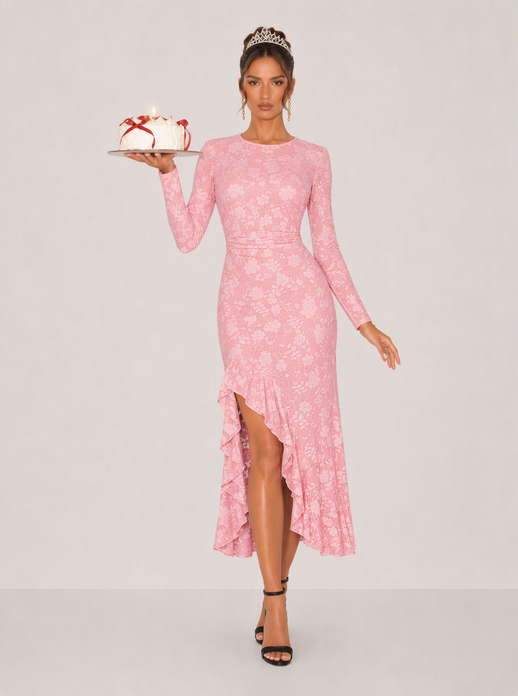 Zephrina Serilda lace jacquard midi dress in brown