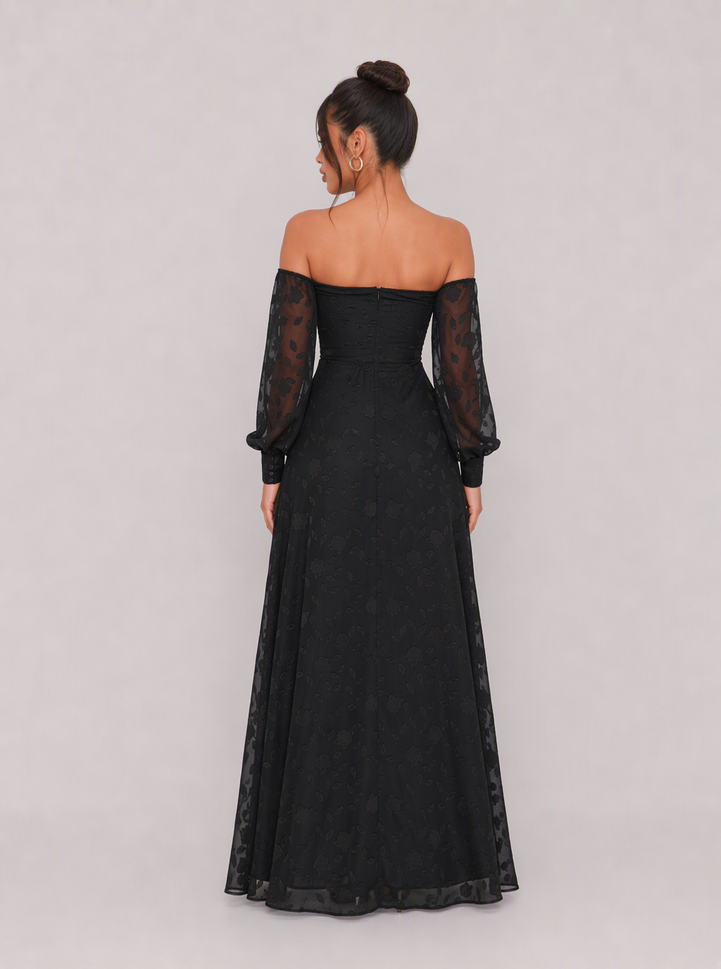 Zephrina Aureliane off-shoulder mesh slit maxi dress in black