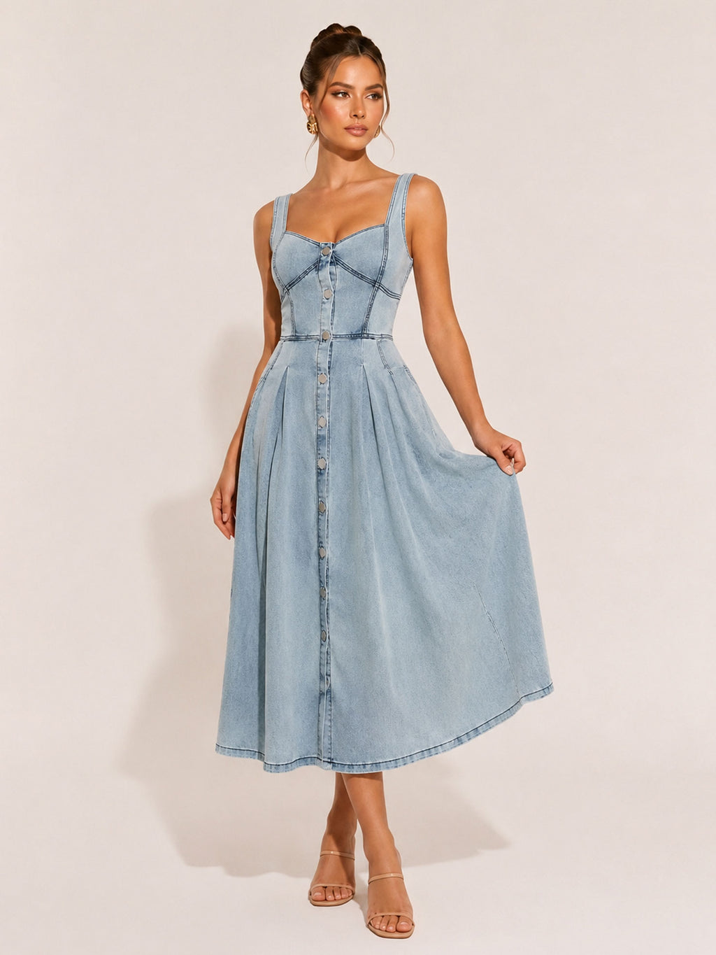 Zephrina Light Wash Denim Square Neck Midi Dress