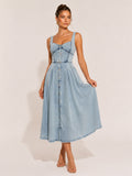Zephrina Light Wash Denim Square Neck Midi Dress
