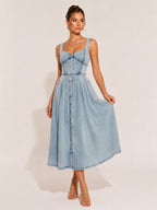 Zephrina Light Wash Denim Square Neck Midi Dress