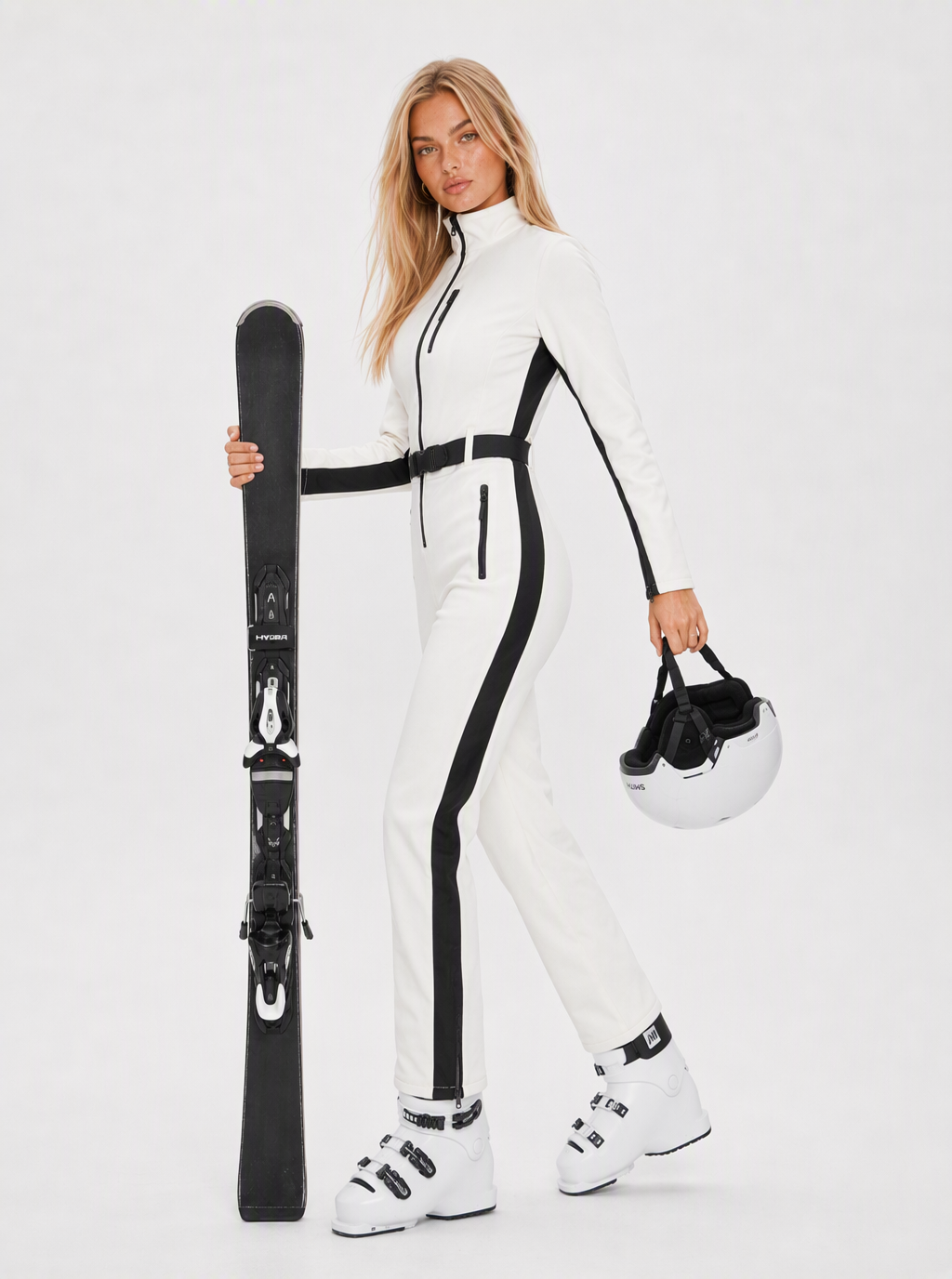 Zephrina Jorunn contrast-piped belted one-piece ski suit in white with black panels