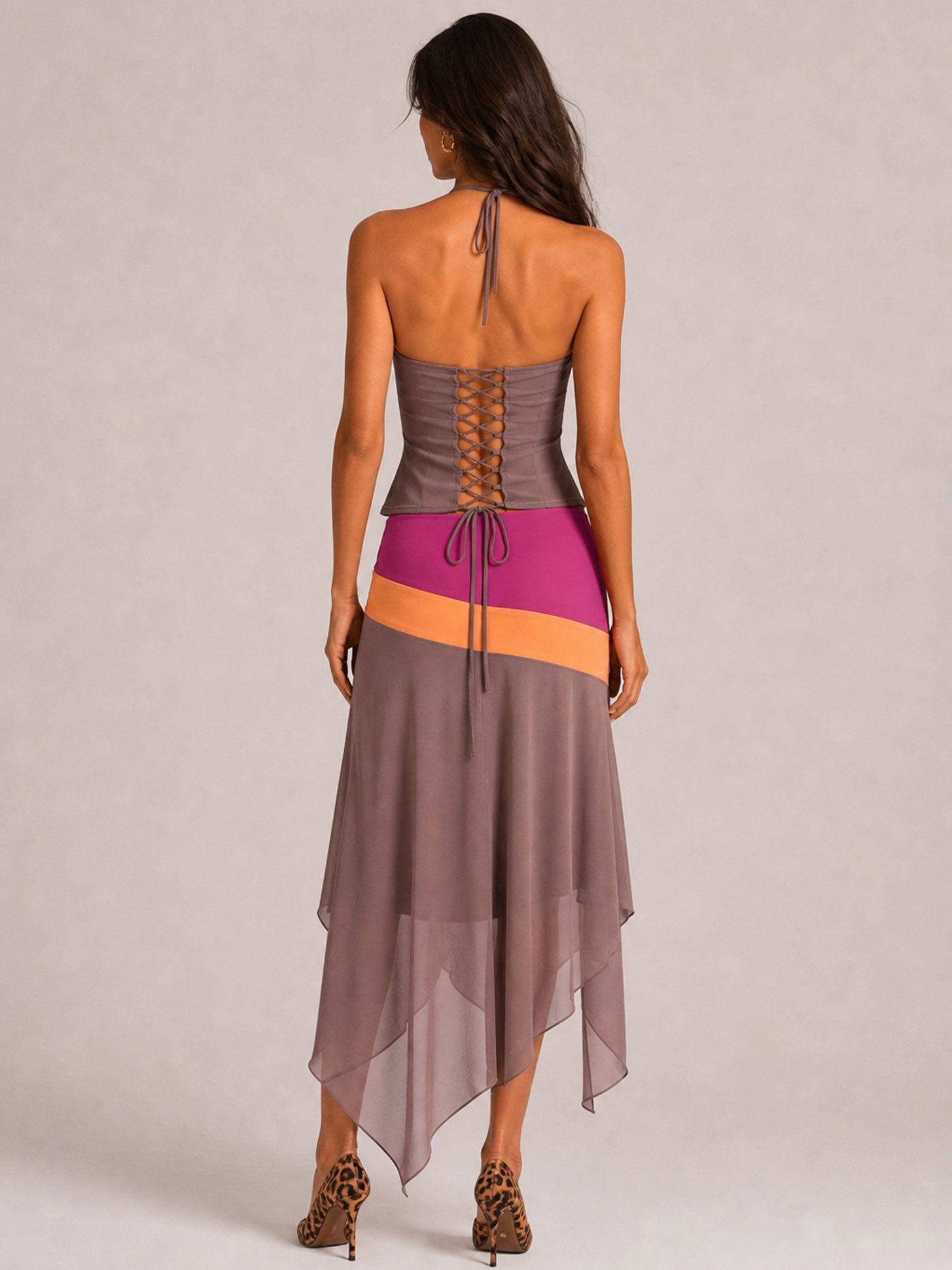 Block Halter Corset Top & Asymmetrical Midi Skirt Two Piece Matching Set