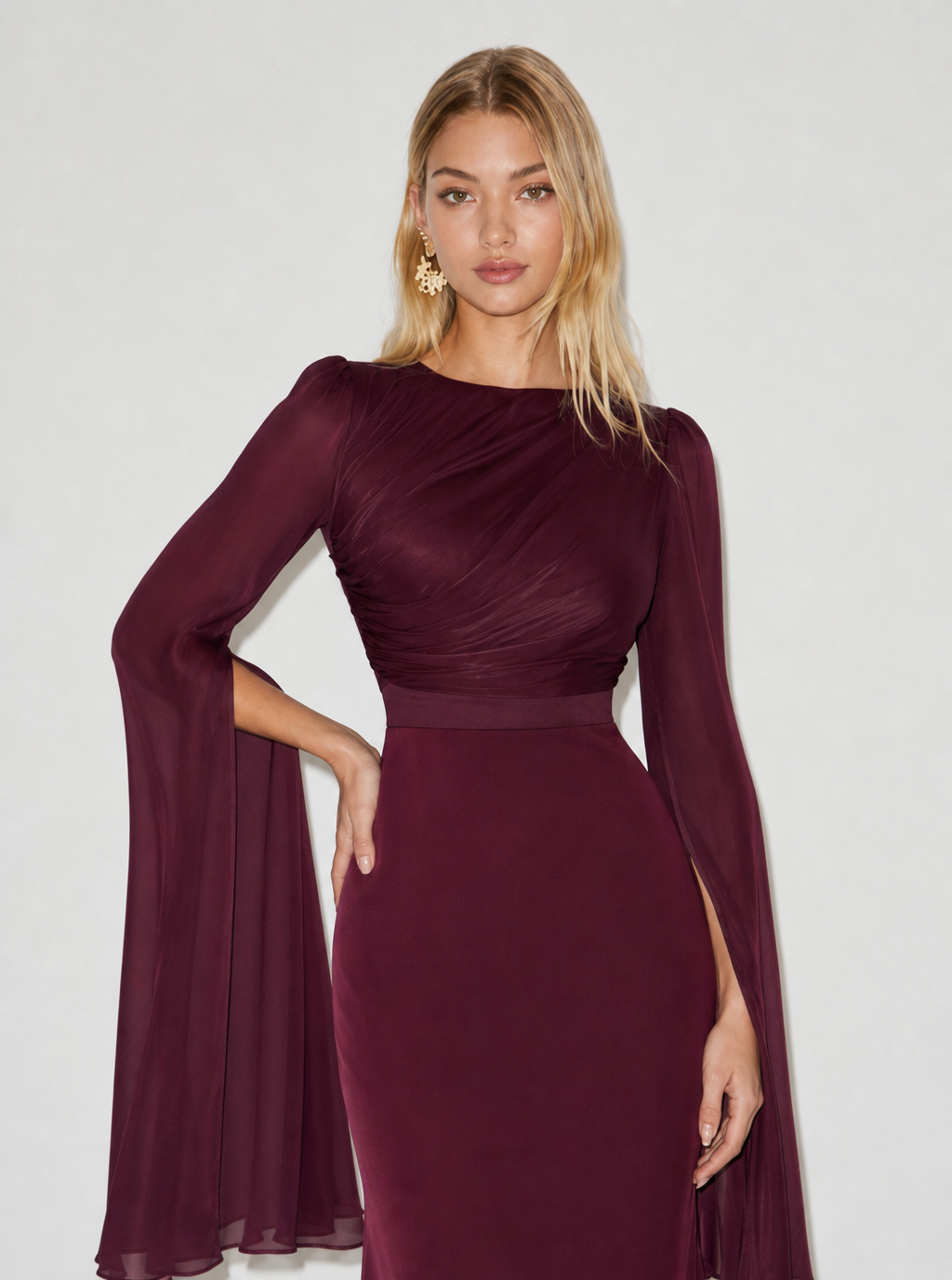 Zephrina Evelina satin cape sleeve maxi dress