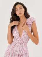 Zephrina Elodie ruffle floral plunge maxi dress in pink
