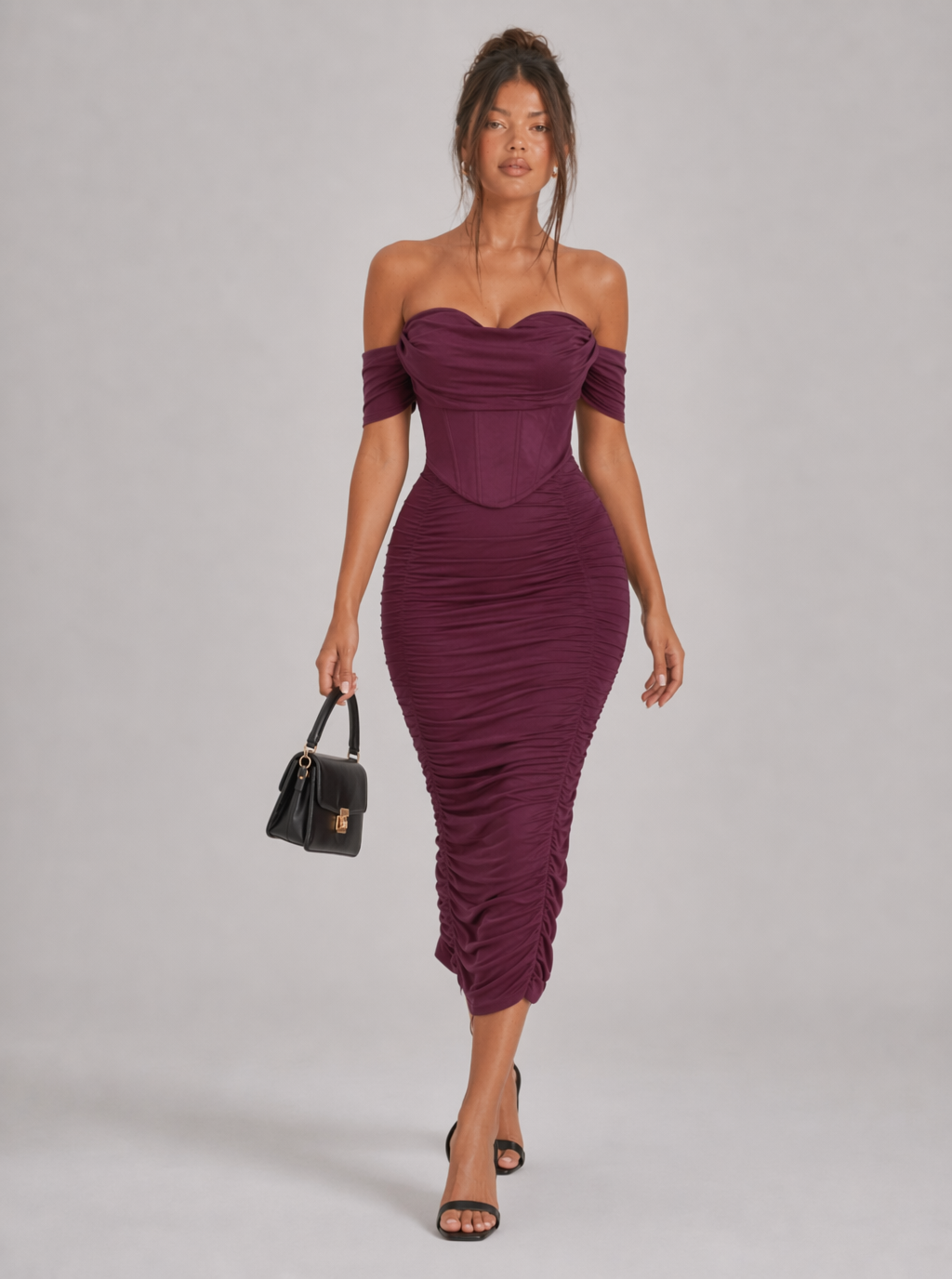 Zephrina Calista off-shoulder ruched midi dress in burgundy