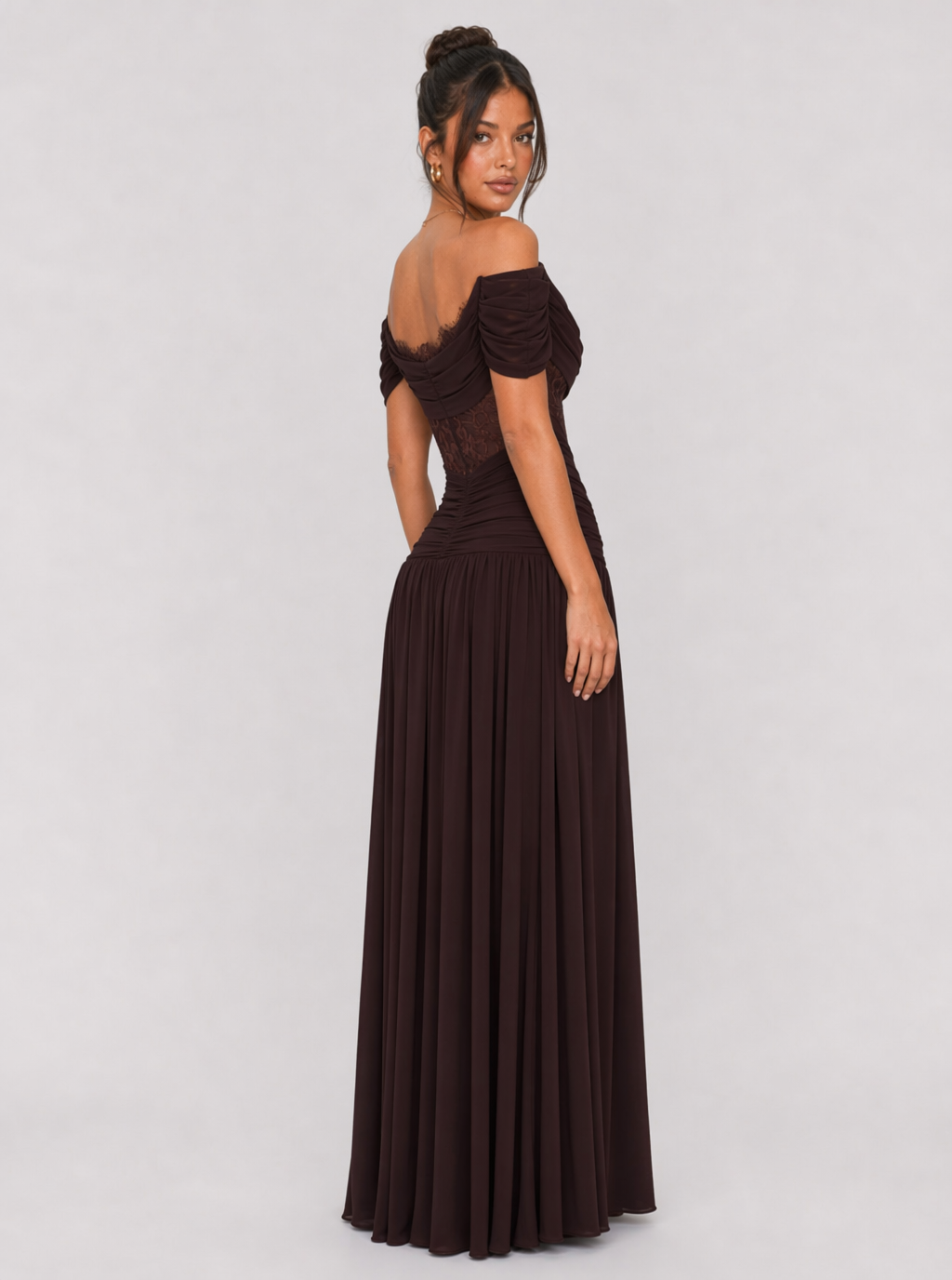 Zephrina Thessaly lace off-shoulder maxi dress in brown