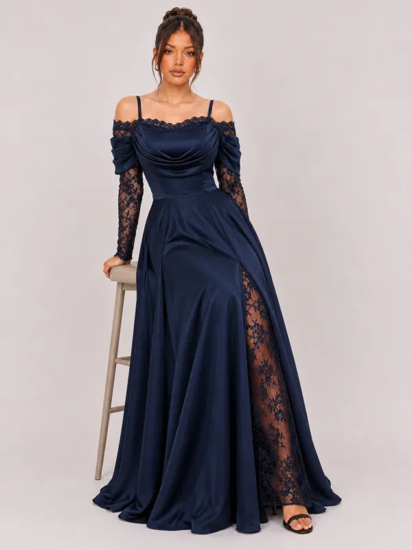 Zephrina Eleanora lace-panel satin maxi dress in navy