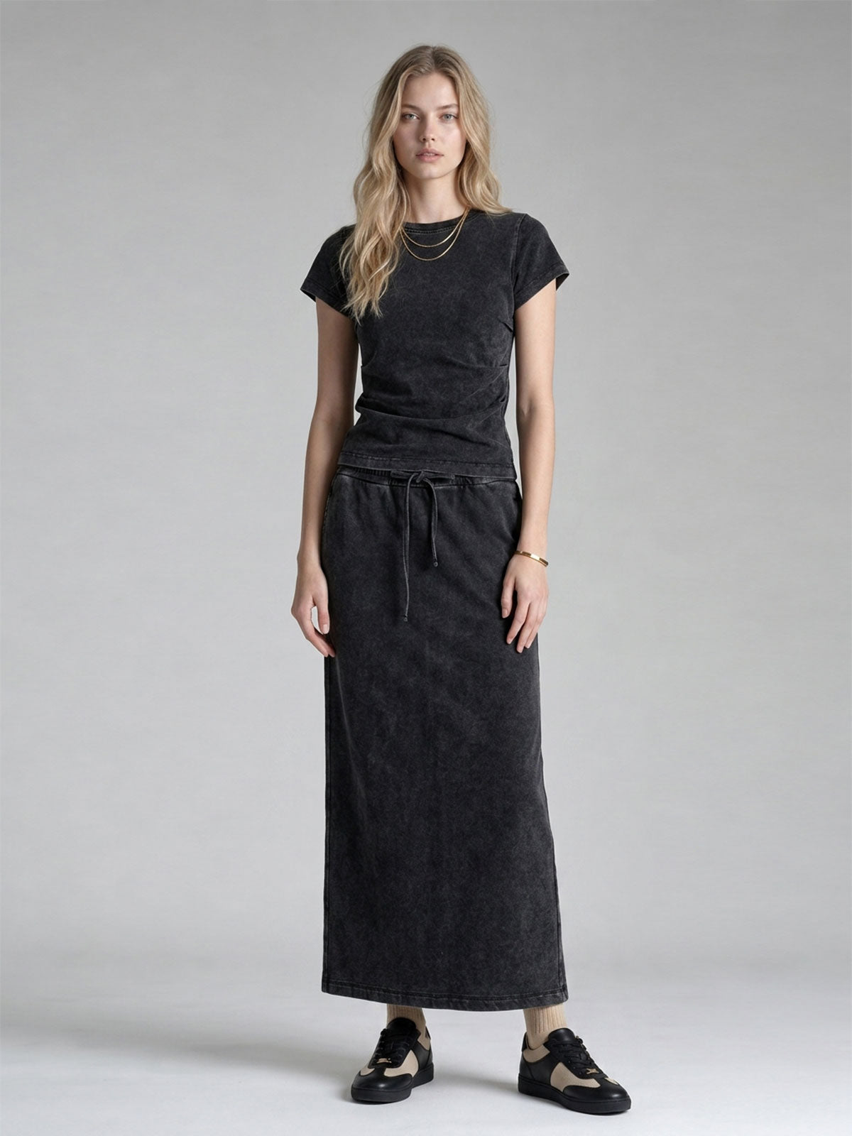 Washed Crewneck Tee & Drawstring Maxi Skirt Set