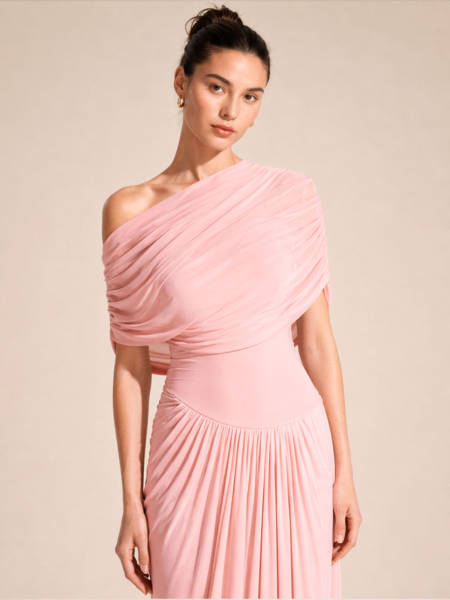 Elegant Draped Shoulder Ruched Maxi Dress