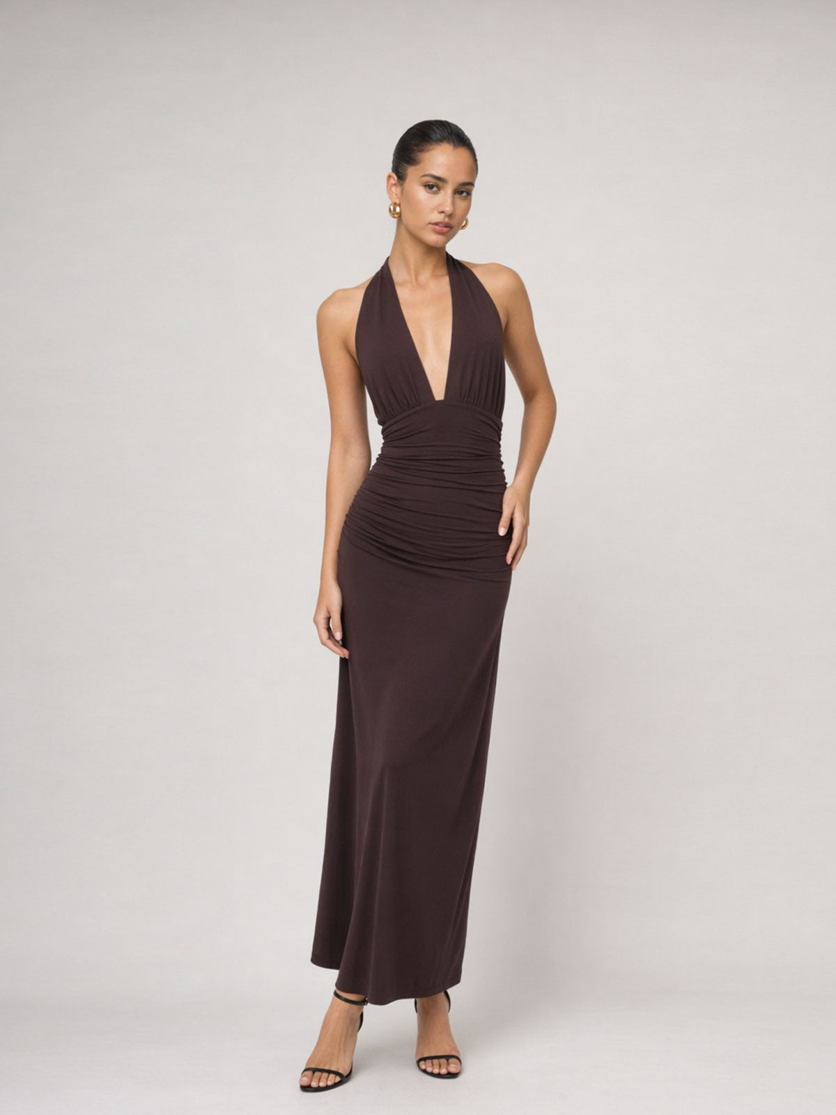 Open-Back Ruched Halter Maxi Dress