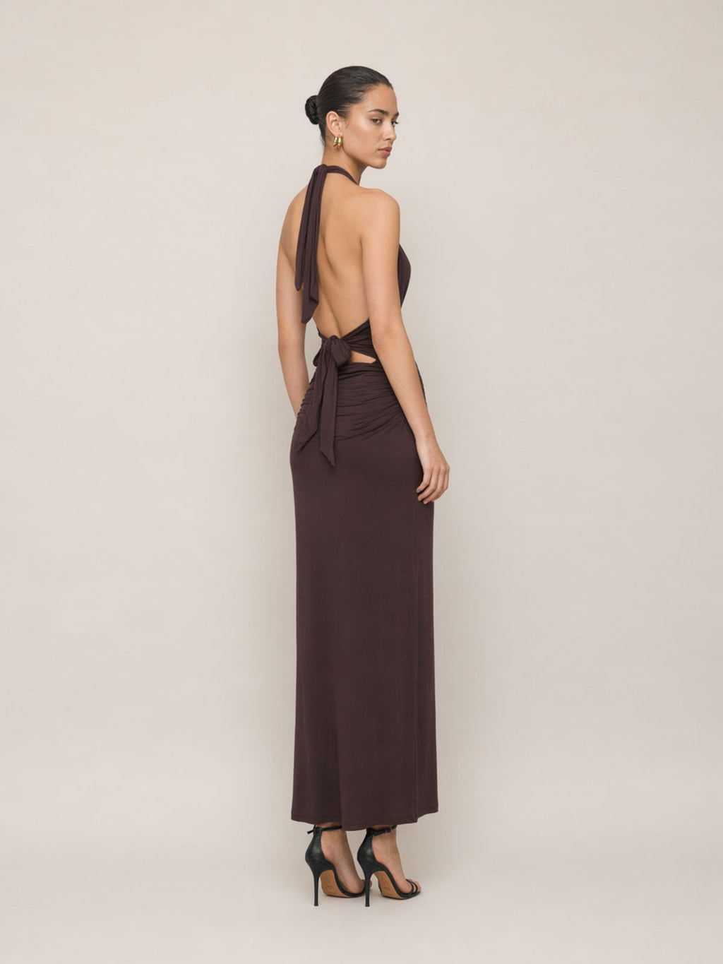 Open-Back Ruched Halter Maxi Dress