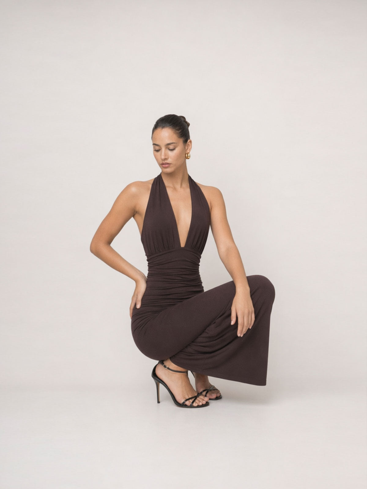 Open-Back Ruched Halter Maxi Dress