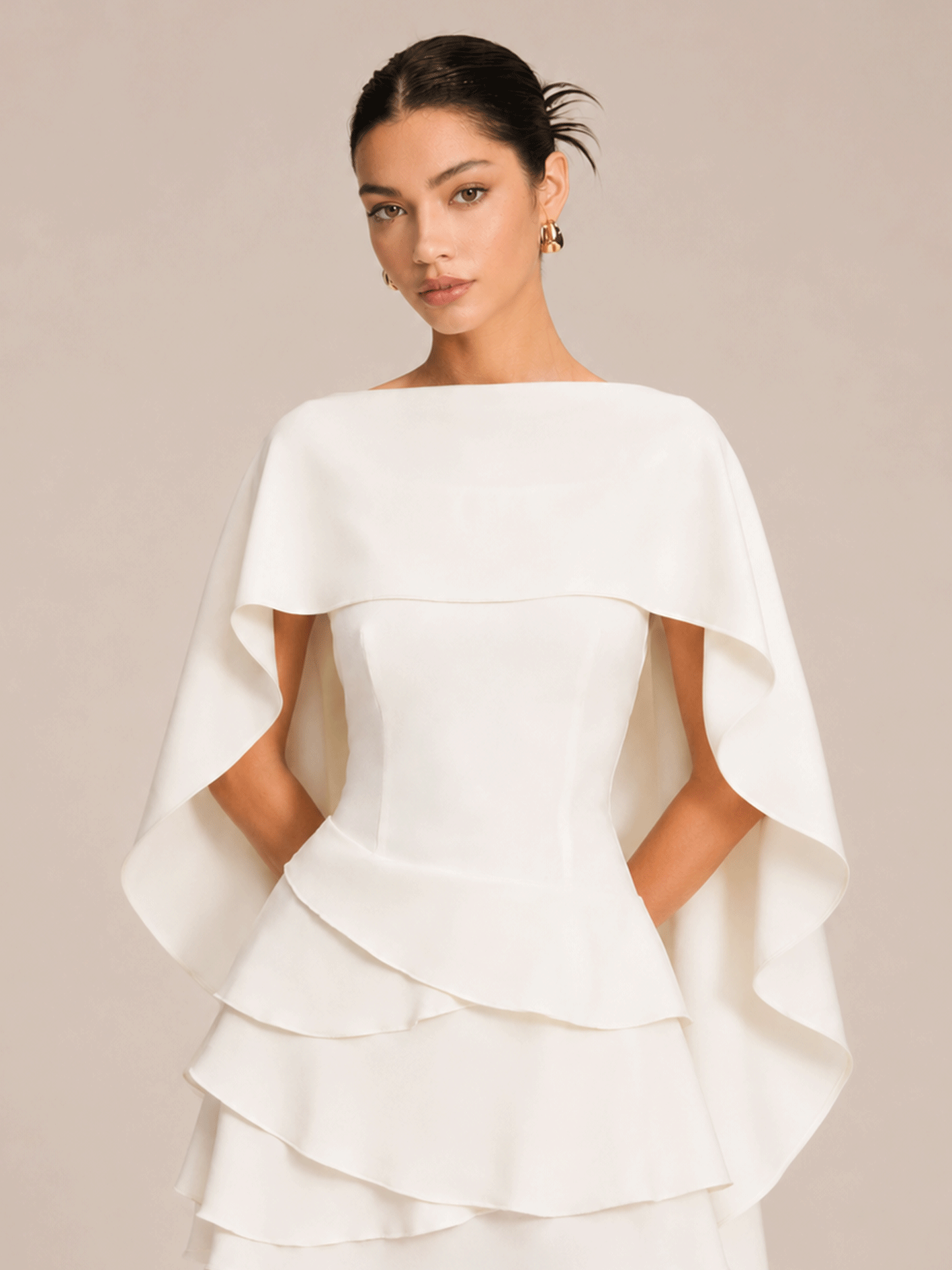 White Satin Ruffled Mini Dress with Shawl Panel Detail
