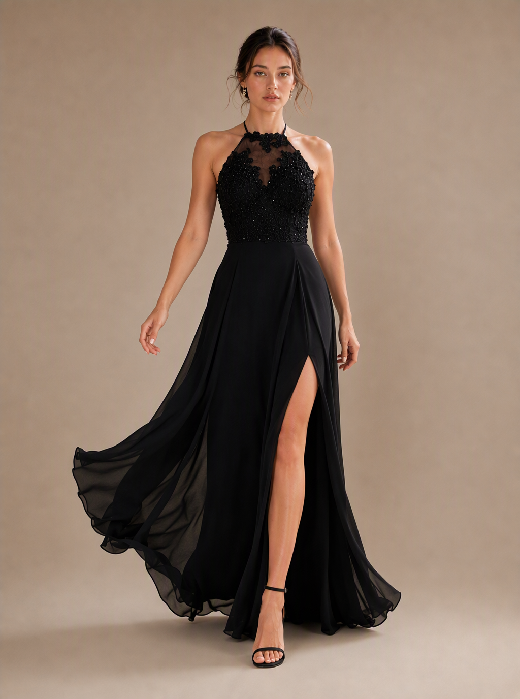 Anastasie Lace-Halter Chiffon Slit Maxi Dress