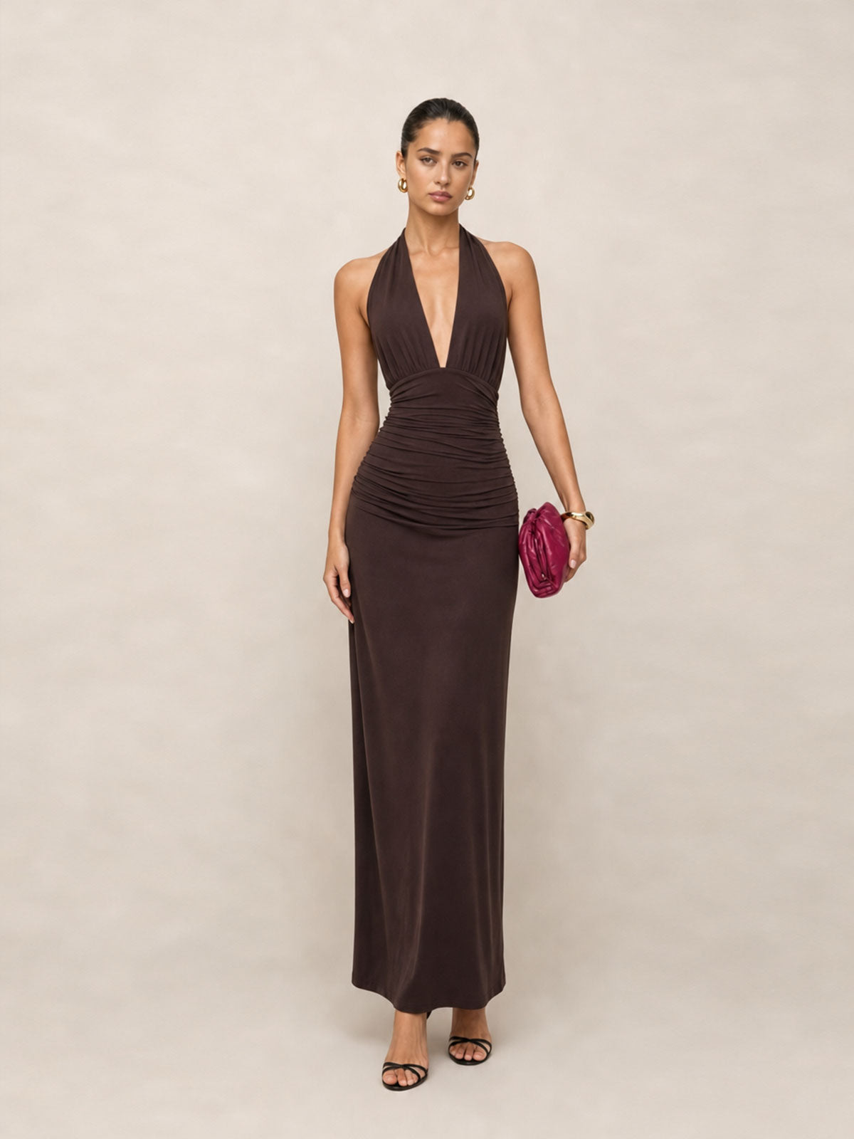 Open-Back Ruched Halter Maxi Dress