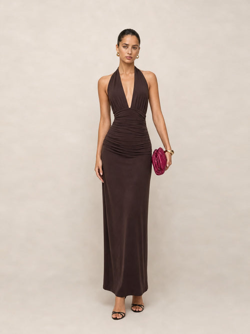 Aveline Ruched Halter Maxi Dress