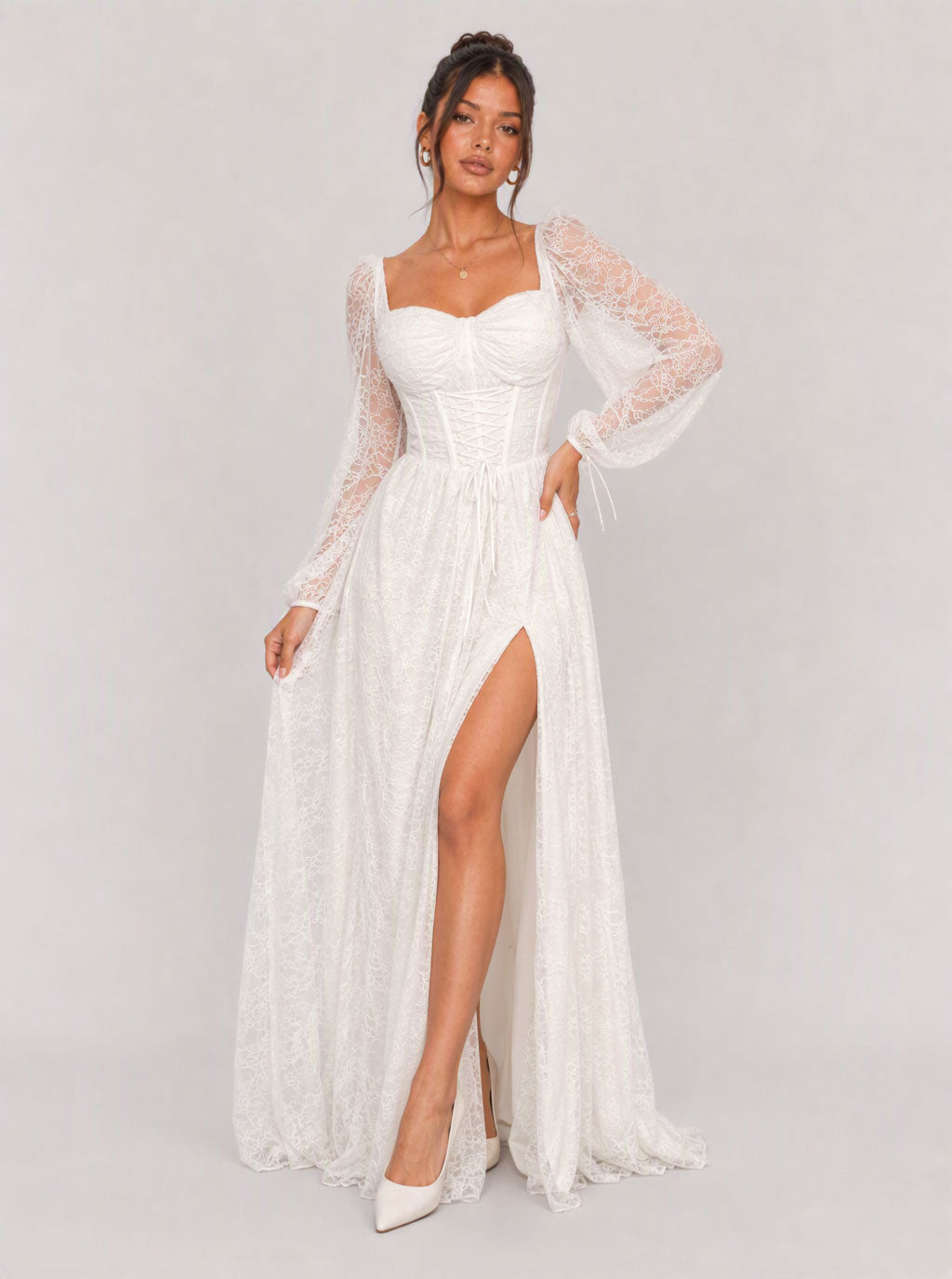 Lottie Lace High-Slit Maxi Dress