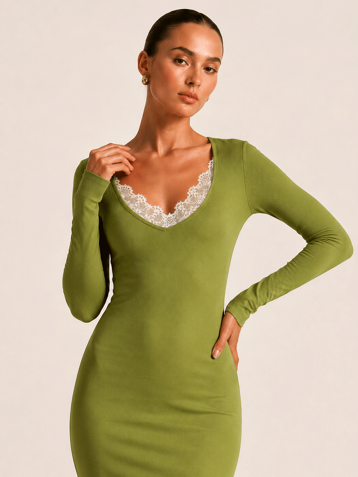 Lace Trim V Neck Long Sleeve Dress